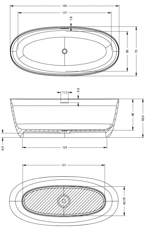 Akmens masės vonia Riho Oval matmenys