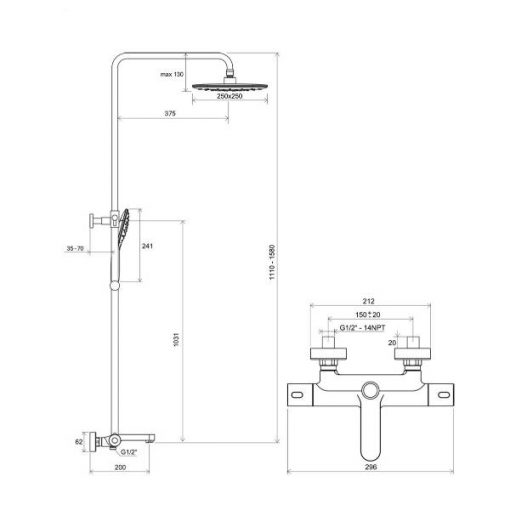 Vonios/dušo stovas Termo 300 su termostatiniu maišytuvu ir dušo komplektu Ravak TE 092.00/150